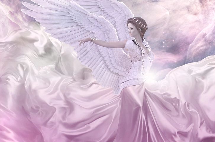 Ethereal angelic figure with white wings in flowing gown