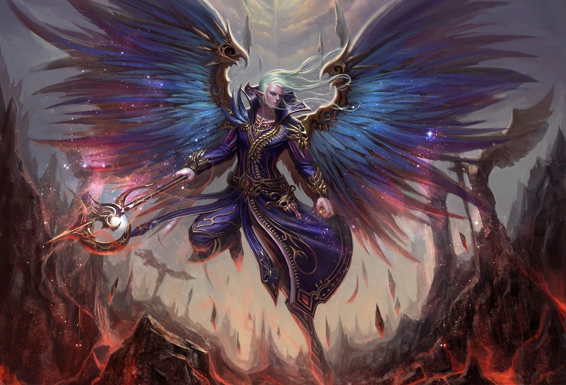 Celestial winged warrior with purple gold armor and glowing staff