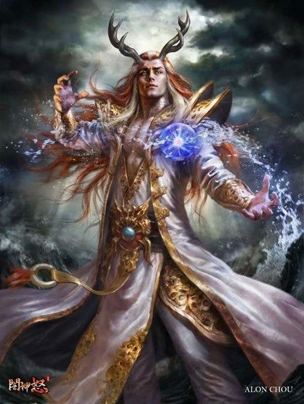 Mystical sorcerer with golden robes and magical energy