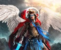 Armored angelic warrior in red and gold armor with wings
